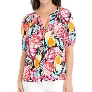 Crown & Ivy Top Womens PL V-Neck Peasant Blouse Floral Print Casual Resort Wear